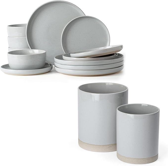 Famiware Milkyway Plates and Bowls Set of 12 and Kitchen Utensil Holder for Countertop Set of 2 14 Pieces Dinnerware Sets Light Gray