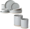 Famiware Milkyway Plates and Bowls Set of 12 and Kitchen Utensil Holder for Countertop Set of 2 14 Pieces Dinnerware Sets Light Gray