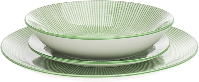 Godinger Laura Green Porcelain 12‑Piece Dinnerware Set Service for 4 – Green &amp White Starburst Design Includes 4 Dinner Plates 4 Salad Plates &amp 4 Bowls Microwave Safe Tableware for Gift Us