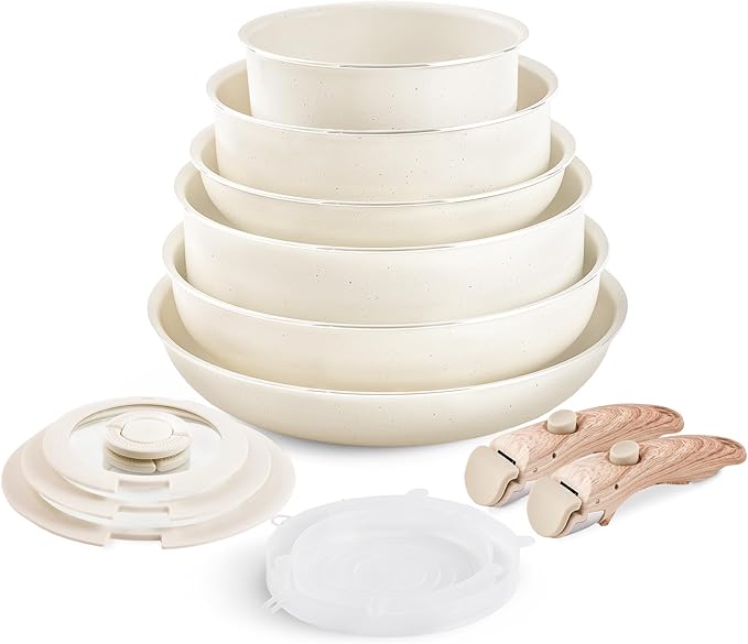 Nonstick Cookware Set - YIIFEEO Stackable Pots and Pans Set Detachable Handle Camping Cookware Granite Kitchen Cookware Sets Removable Handle Non Toxic Nonstick Frying Pans for Cooking Set Gift Beige