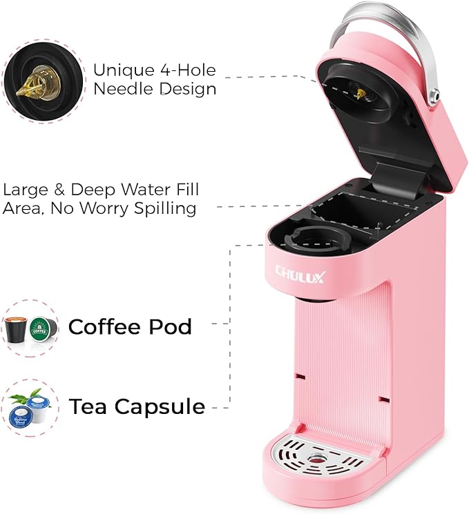 CHULUX Slim Single Serve Coffee Maker for K Pods One Cup Coffee Maker Fits 7.3 Travel Mugs Coffee Machine with 6 to 12oz Brew Sizes Salmon Pink