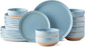 AmorArc Ceramic Dinnerware Sets for 8 24 Pieces Handpainted Plates and Bowls Set with Rustic Terracotta Underside Scratch Resistant Stoneware Dishes Set Dishwasher &amp Microwave Safe Stone Blue