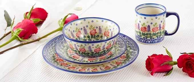 Blue Rose Polish Pottery - Roses Are Red 16 Piece Dinner Set - 4 Place Settings - Great for Everyday Dining Casual Dining or as Formal Dinnerware
