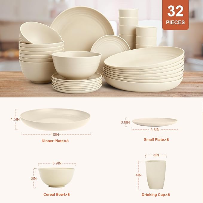 Wheat Straw Dishes Set Service for 8 Reusable Plastic Dinnerware Set 32 PCS Kitchen Plates and Bowls sets Unbreakable Microwave and Dishwasher Safe Camping Dishes for RV Outdoor - Beige