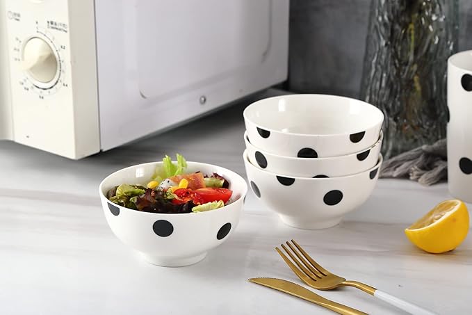 Modern Porcelain 16-Piece Dinnerware Set Plates and Bowls Set for 4 Black Polka Dot DinnerwareDishwasher &amp Microwave Safe Ceramic Dish Set for Home Dining Gifts