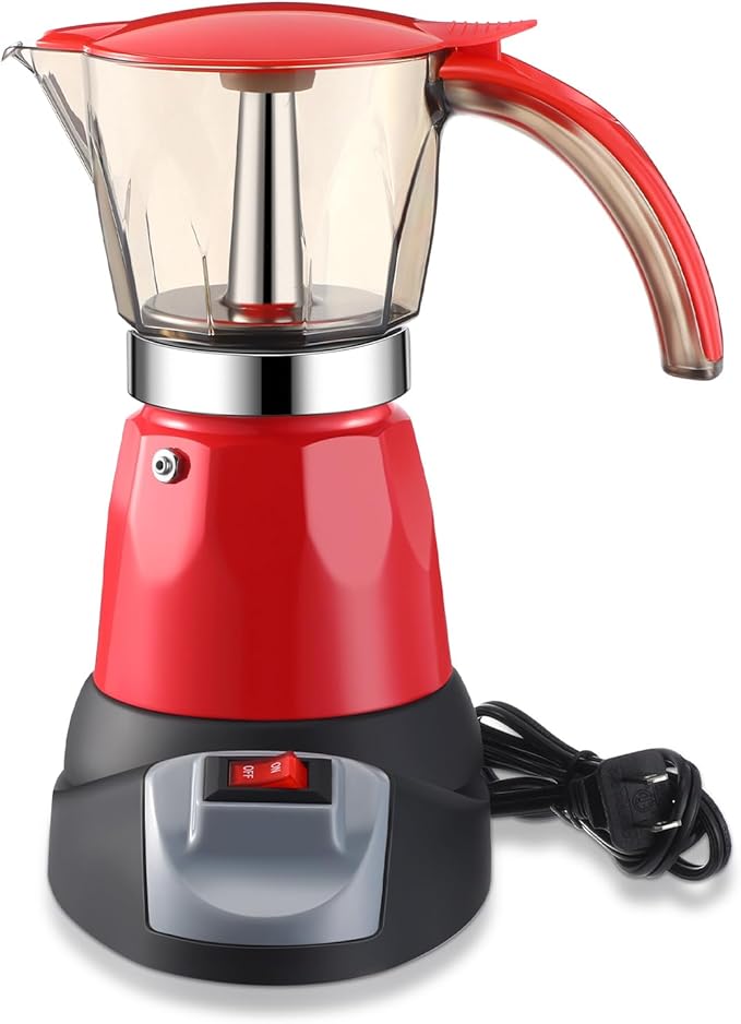 Electric Espresso Maker Transparent Coffee Maker Electric Moka Pot Portable Aluminum Espresso Machine Italian Moka Pot with Detachable Base Coffee Gift for Women Men Home Travel(Red6 Cup)
