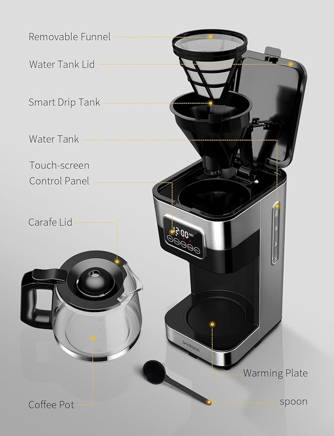 SHARDOR 10-Cup Programmable Coffee Maker Regular &amp Strong Brew Drip Coffee Machine for Home and Office Auto Shut Off Permanent Filter Silver