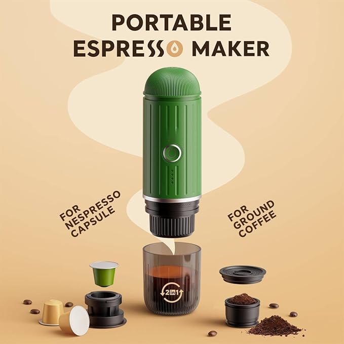 Portable Espresso Machine with 3-4 Min Self-heating 7800mAh Rechargeable Electric 2-in-1 Coffee Machine Compatible with NS Capsules and Ground Coffee for Car Camping Travelling Office Home  Green