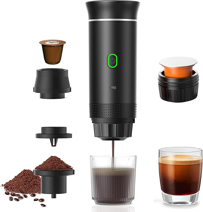 Portable Electric Espresso Machine - Self-Heating Travel Coffee Maker with USB-C Compatible with Ground Coffee NES &amp DG Capsules | Ideal for Camping Car Office &amp Hiking