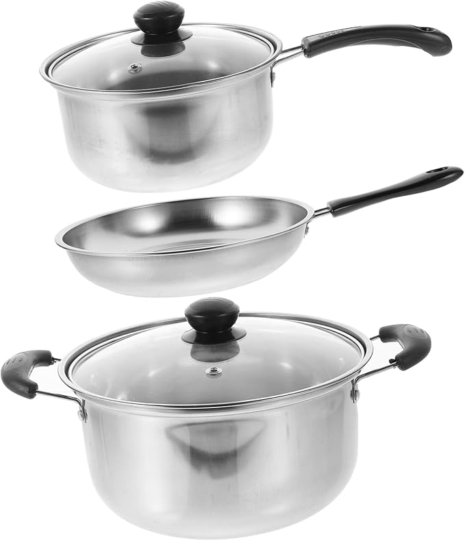 STOBAZA 1Set Stainless Steel Cookware Set Multifunctional Flat Bottom Frying Pan Soup Pot and Milk Pot for Induction Cooking for Noodles and Porridge Preparation Kitchen
