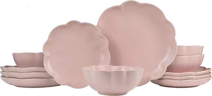 Sango 12 Pieces Scalloped Dinnerware Set Modern Pink Dishes for 4 Premium Serving Plates &amp Bowls Sets Chip Resistant Ceramic Dishware Kitchen Dish Microwave &amp Dishwasher Safe Bethany