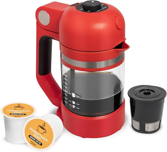 VINCI Micro Café Smallest Single-Serve Coffee Brewer | Compatible with Keurig K-Cups K-Pods | Glass Carafe | Enclosed Brewing for Hotter Coffee | Large Capacity Reusable Filter Cup Included (Red)