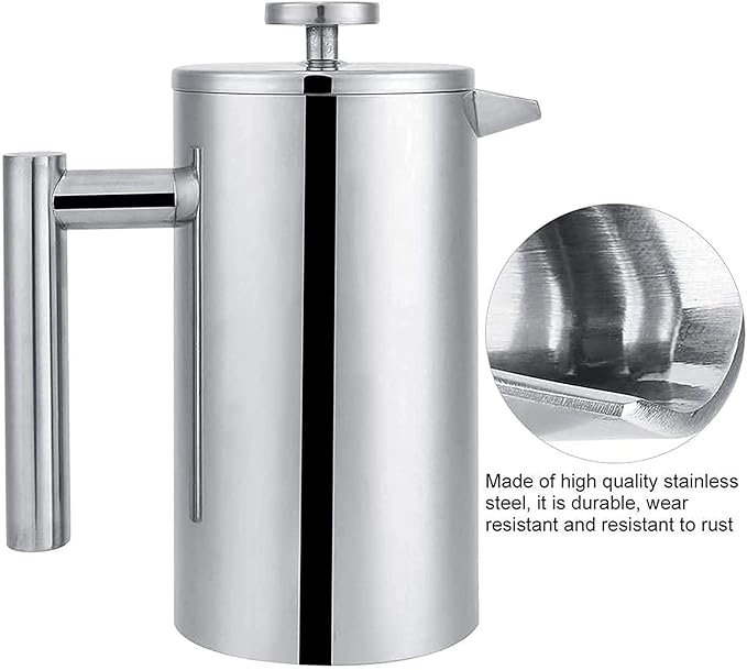 French Press Coffee Maker 304 Stainless Steel Double-layer Coffee Pot with Strainer Insulated Tea Maker Coffee Makers for HomeCampingTraveling1L