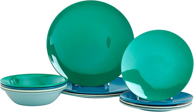 Tabletops Gallery 12 Piece Green Teal Blue Melamine Dinnerware Set Plates Bowls for Indoor Outdoor Use Service for 4 Peacock