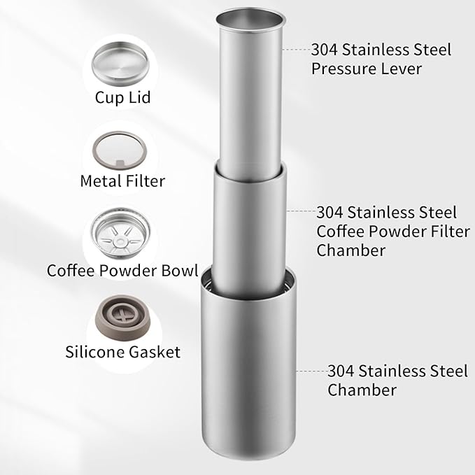 Coffee Press 304 Stainless Steel French Press Coffee Maker 3 in 1 Manual Espresso Machine Portable Travel Coffee Press Kit for Ground Coffee Hand Press Coffee Maker for Camping