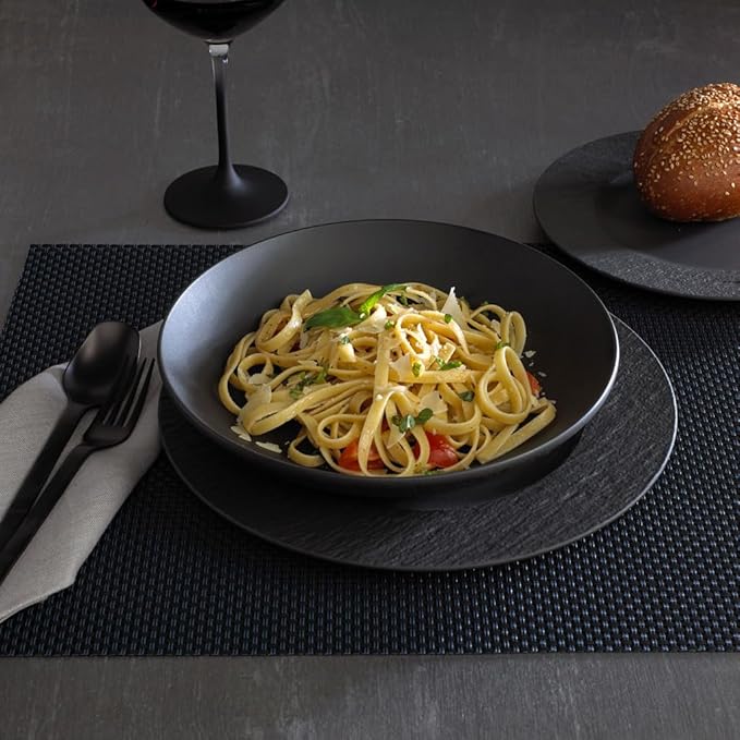 Villeroy &amp Boch Manufacture Rock 12-Piece Dinnerware Set Service for 4 Dinner Plates Salad Plates &amp Pasta Bowls Premium Porcelain Made in Germany Matte Black