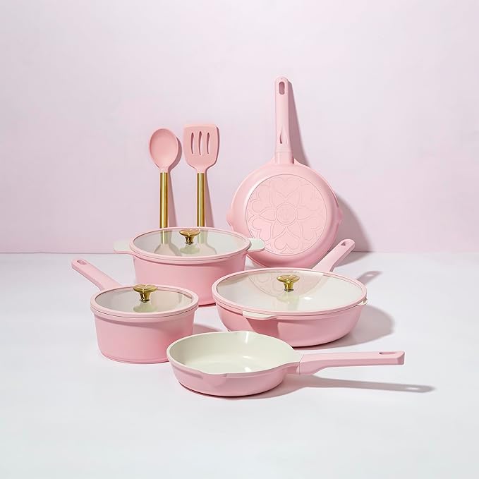 Paris Hilton Ceramic Nonstick Cookware Set Cast Aluminum with Dual Layer Nonstick Coating Gold Heart Knobs Stay-Cool Handles Made without PFAS PFOA PFOS &amp PTFE Dishwasher Safe 10-Piece Pi