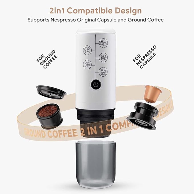 Portable Coffee Maker Electric Coffee Machine with Powder and Capsules Compartment 17Bar Pressure Battery Operated Travel Camping Office 2600mAh Battery USB C Self Heating