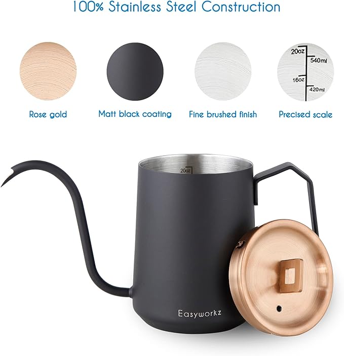 Easyworkz Gooseneck Pour Over Coffee Kettle 20 oz Stainless Steel Hand Drip Coffee Pot With Long Narrow Spout Rose Gold Black