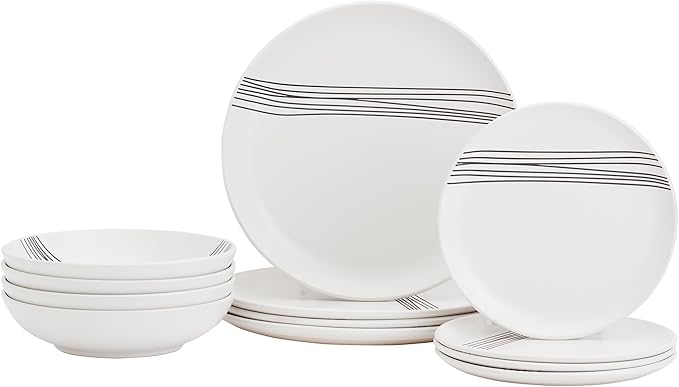 Tabletops Gallery 12-Piece Embossed White Black Striped Stoneware Dinnerware Set of Kitchen Dishes Round Dinner Salad Plates Cereal Bowls Service for 4 Skye