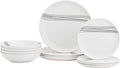 Tabletops Gallery 12-Piece Embossed White Black Striped Stoneware Dinnerware Set of Kitchen Dishes Round Dinner Salad Plates Cereal Bowls Service for 4 Skye