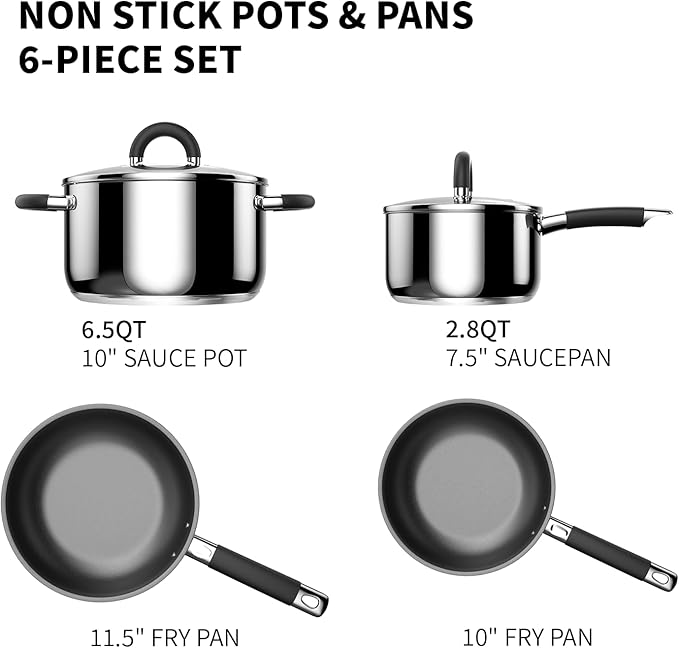 Pots and Pans Set Non Stick Stainless Steel Cookware Set of 6 Frying Pans 5 Ply Base Dishwasher Safe