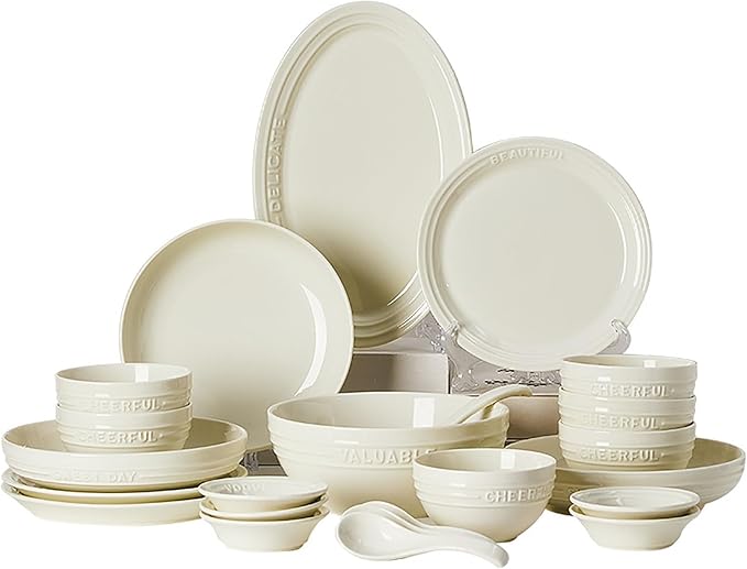 Embossed Art Dish Set 38 Pieces Serving Plates and Bowls Sets High Temperature Resistance Dinnerware Set for 6 Non-Slip Bottom Dining Table Set Smooth Surface Safe and Easy to Clean