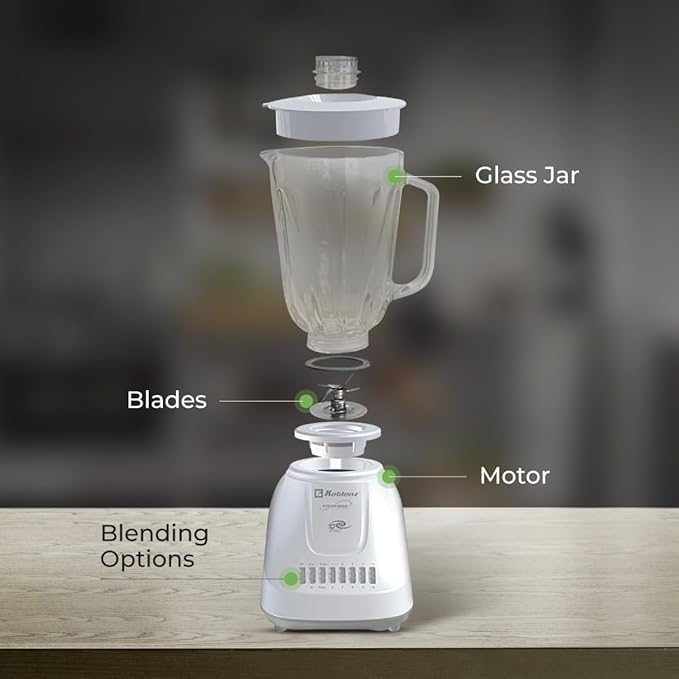 Koblenz 51-oz Glass Jar Blender 10 Speed and 2 Pulse Blender Countertop Blender with Stainless Steel Blades Perfect for Shakes and Smoothies 500-Watt Motor White LKM-5910 VB