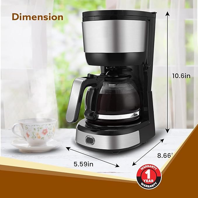 Royal 4 Big Cups Drip Coffee Maker 600 Ml Borosilicate Glass Carafe Jar 750W Water tank with Level Indicator Brewer Machine with Cone Filter Auto Shut Off Stainless Steel Body Black