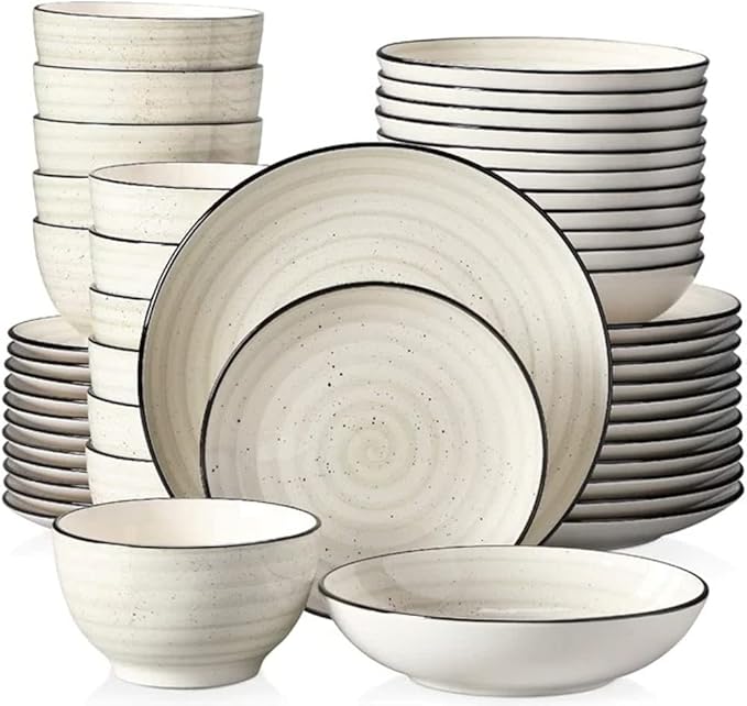 24 Piece Stoneware Elegant Modern Dinnerware Sets Service For 6 | Dishwasher Microwave Oven Safe Stackable Chip &amp Scratch Resistant Unique Handcrafted Design Aesthetic Cream Beige Color Durable