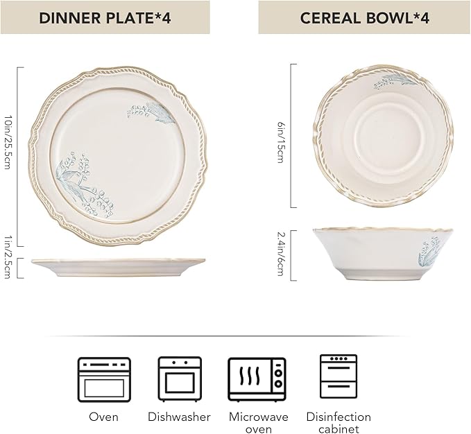 8-Piece Dinnerware Set - Lily Bloom Series Service for 4 Includes 6'' Bowls &amp 10'' Plates Retro Vintage Floral Style Microwave &amp Dishwasher Safe