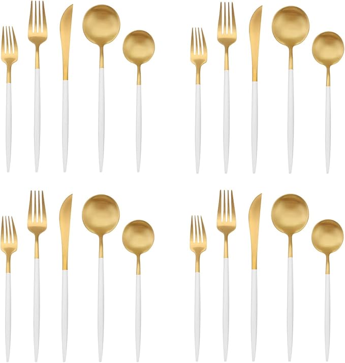 Matte Gold Silverware Set with white handle Bysta 20-Piece Stainless Steel Flatware Set Kitchen Utensil Set Service for 4 Tableware Cutlery Set for Home and Restaurant Dishwasher Safe