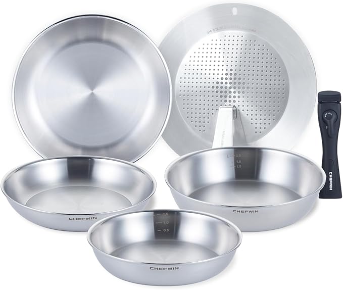 316 Stainless Steel Removable Handle Cookware 5-Ply Stackable Cookware Set 6-Piece Pans with Universal Lid Induction Compatible Oven &amp Dishwasher Safe