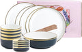 18 Piece Dinnerware Set Service for 4 People Plates and Bowls Sets Round Gold Trim Ceramic Dinner Set Porcelain Dinnerware Set Dish Set Tableware Multiplayer Set Salad Bowl HOM