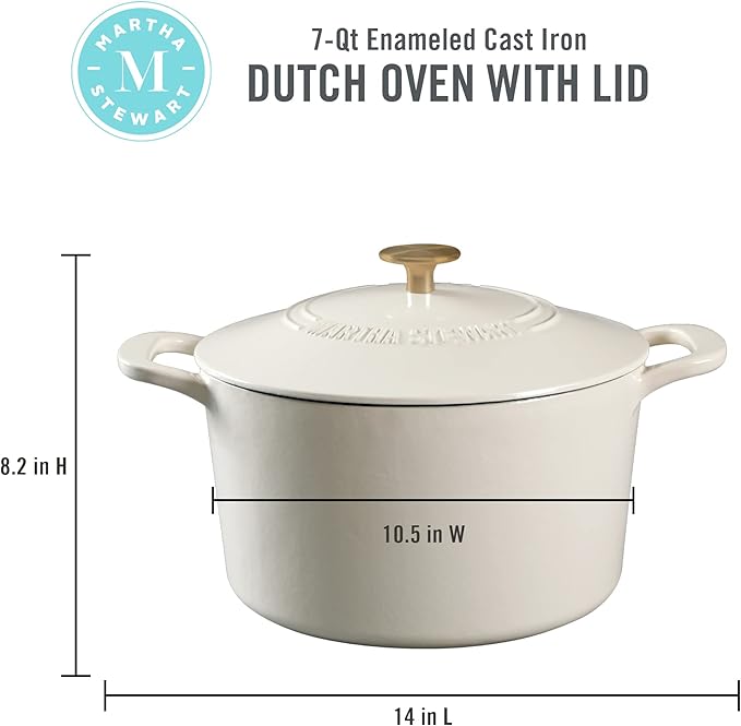 Martha Stewart Lockton Premium Nonstick PFA Free Ceramic Interior 10 Piece Heavy Gauge Enamel Aluminum Pots and Pans Cookware Set - Linen White w/Gold Handle &amp Gatwick 7 QT Enamel Cast Iron Dutch