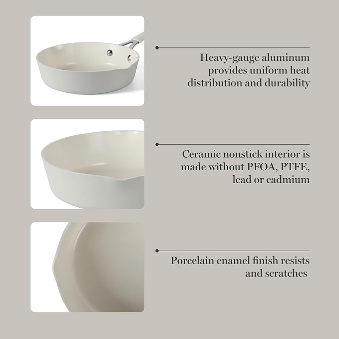 Martha Stewart Heathland 8 Inch Aluminum Fry Pan Cookware Non-Toxic Premium Ceramic Non Stick Frying Pan Kitchen Egg Pan Omelet Pan Always Pan Pots and Pans Linen White Induction Safe