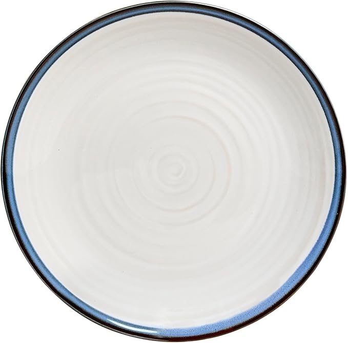 Sango Siterra Santorini 16-Piece Stoneware Dinnerware Set for 4 Ceramic White Plates and Bowls Sets with Blue Rim &amp Reactive Glaze Chip Resistant Dish Set Microwave &amp Dishwasher Safe Kitche