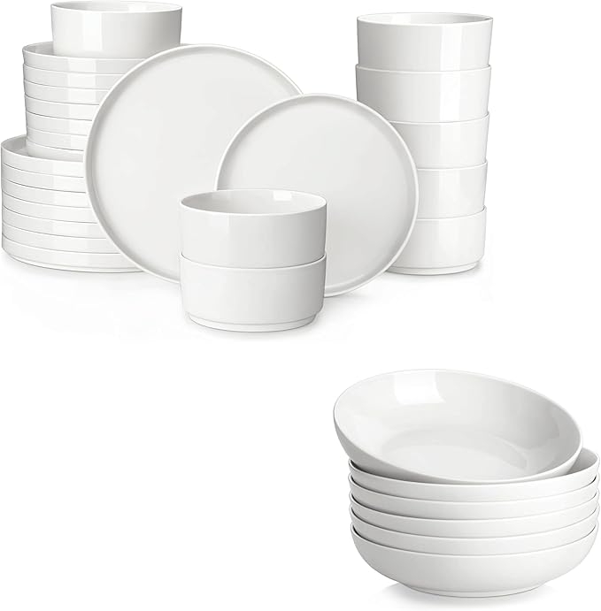 MALACASA 24 Pieces Porcelain Dinnerware Set Bundles 42 OZ White Pasta Bowls Set of 6