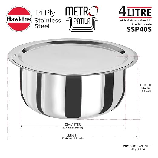HAWKINS 4 Litre Metro Patila Triply Stainless Steel Tope with Stainless Steel Lid Induction Bhagona Tapeli Silver (SSP40S)