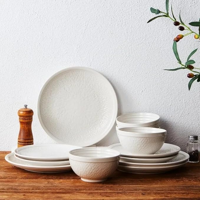 Dinnerware Sets Beige Relief Plates and Bowls Sets 12 Pieces Stoneware Dinnerware Set Service for 4