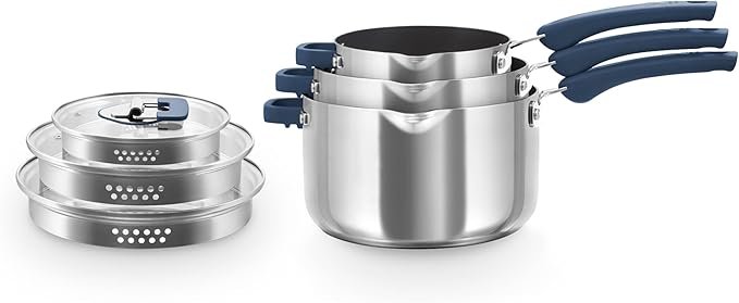 Zakarian x Dash TruPro® Nonstick Stainless Steel Stacking Sauce Pan Set - Compact Cookware Set for Everyday Cooking - Non-Stick Space-Saving and Oven-Safe - Blue 6-Piece Set