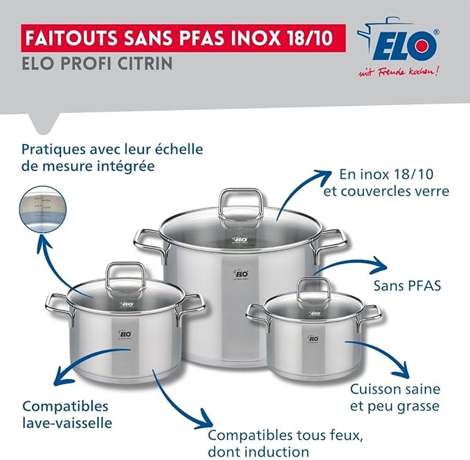 ELO 9510150 Cookware Set 5 Pieces 2 Frying Pans 28 and 32 cm and 3 Saucepans 16 20 and 26 cm Elo Profi Citrine Stainless Steel Induction