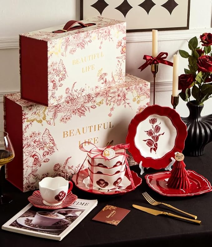 Red Tulip Ceramic Dinnerware Set 13-Piece with 4 Bowls and 4 Plates Vintage Floral Pattern Retro Style Tableware with Gift Box