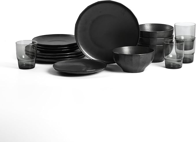 Stone Lain Rio Stoneware 16 Piece Dinnerware Set Plates and Bowls Sets Black Dish Set for 4 with Fluted Colored Glass Cups Microwave &amp Dishwasher Safe