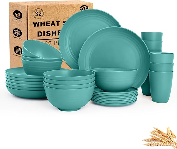 Wheat Straw Dinnerware Sets 32-Piece Service for 8 Unbreakable Kitchen Dishes Set Plastic Plates and Bowls Set with Cups Microwave and Dishwasher Safe Dishware Set for Party- Green