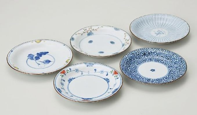 Saikai Pottery 31989 Hasami Ware Scissors Dish Set of 5 Patterns Dyed Nishiki Picture Change Diameter 6.3 inches (16 cm) Soy Sauce Plate Gift Birthday Scissors Dishware Stylish Microwave and