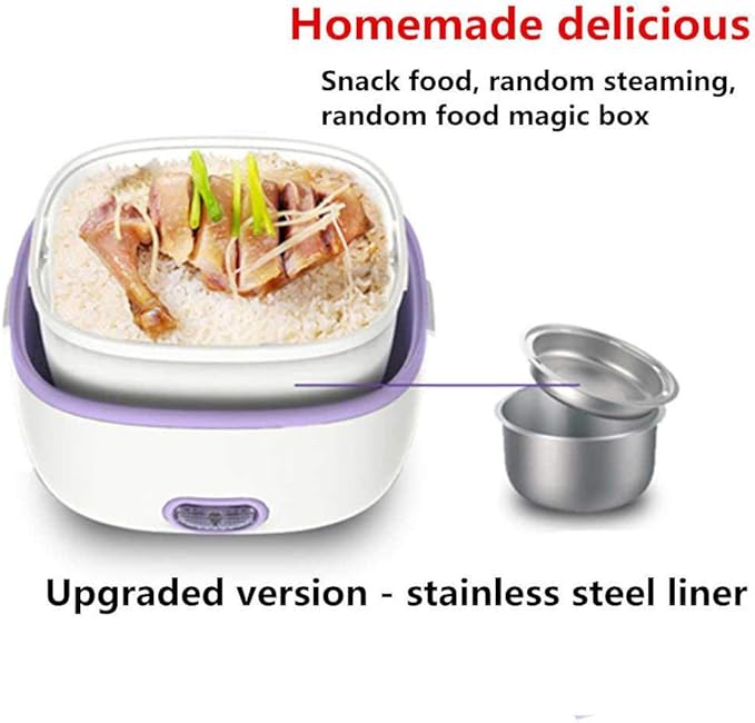 Multifunctional Electric Lunch Box Mini Rice Cooker Portable Food Heater Steamer with Stainless Steel Bowls Egg Steaming Rack Spoon Measuring Cup for Use in Office Outdoor School