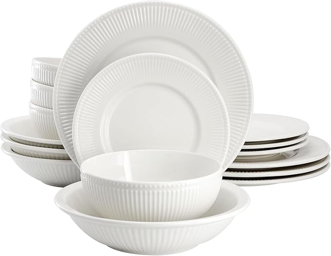 16-Piece Porcelain Dinnerware Set in White – Embossed Double Bowl Set with Textured Rim Microwave &amp Dishwasher Safe – Elegant White Dinnerware for 4
