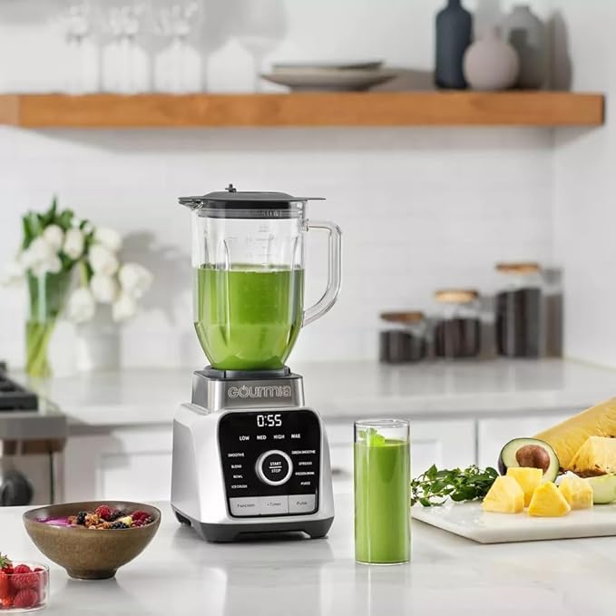 Gourmiia Digital Blender 38oz Glass Jar – 8 Auto Blend Programs 4 Speeds Pulse &amp Tamper – Ice Crusher Smoothie Maker BPA-Free Easy-Clean High-Speed Countertop Blender – Gray