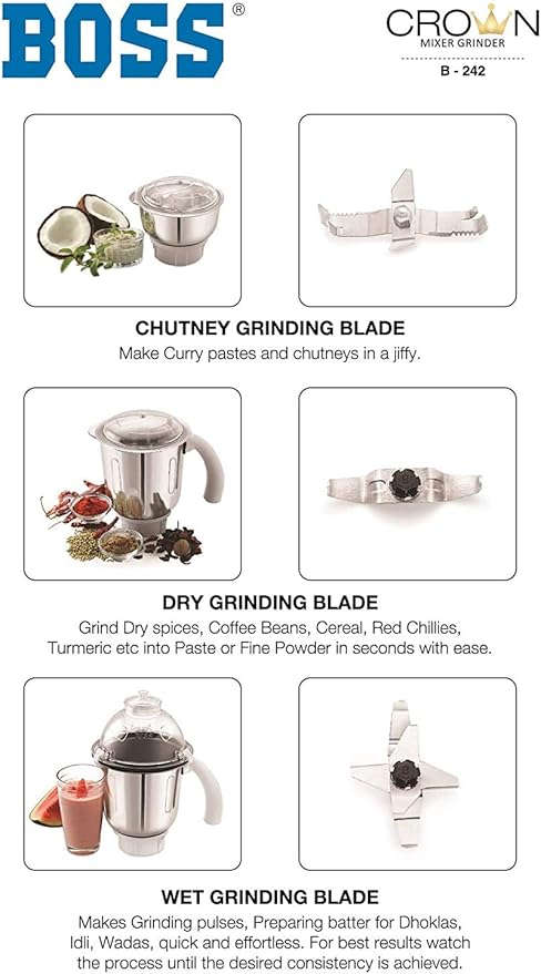 Boss Crown Wet &amp Dry Mixer Grinder Powerful 750W with 3 Stainless Steel Jars 110V for USA